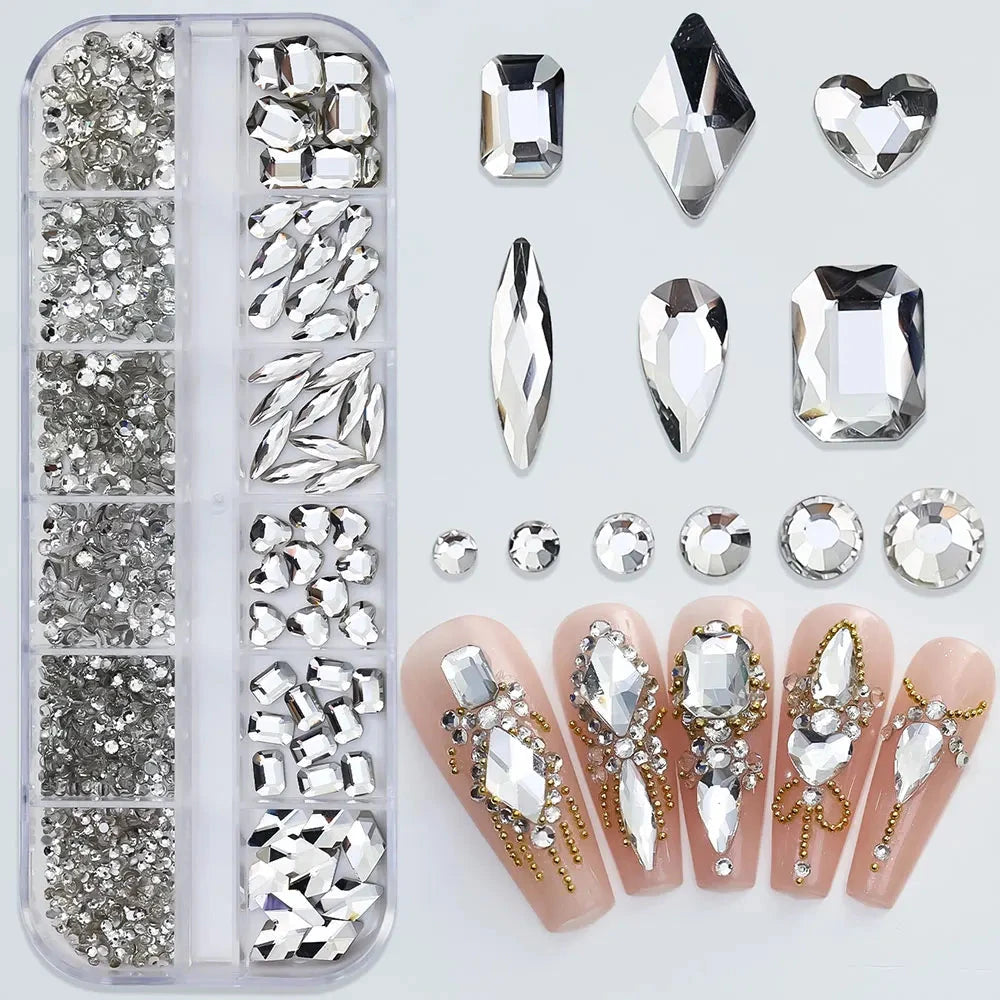 2400pcs+ Shiny Clear Crystal Gems Nail Rhinestones 1.5-4mm Mixed Round Glass Stone Flatback Nail Charms 12grids Nail Diamond DIY Econic Blanks